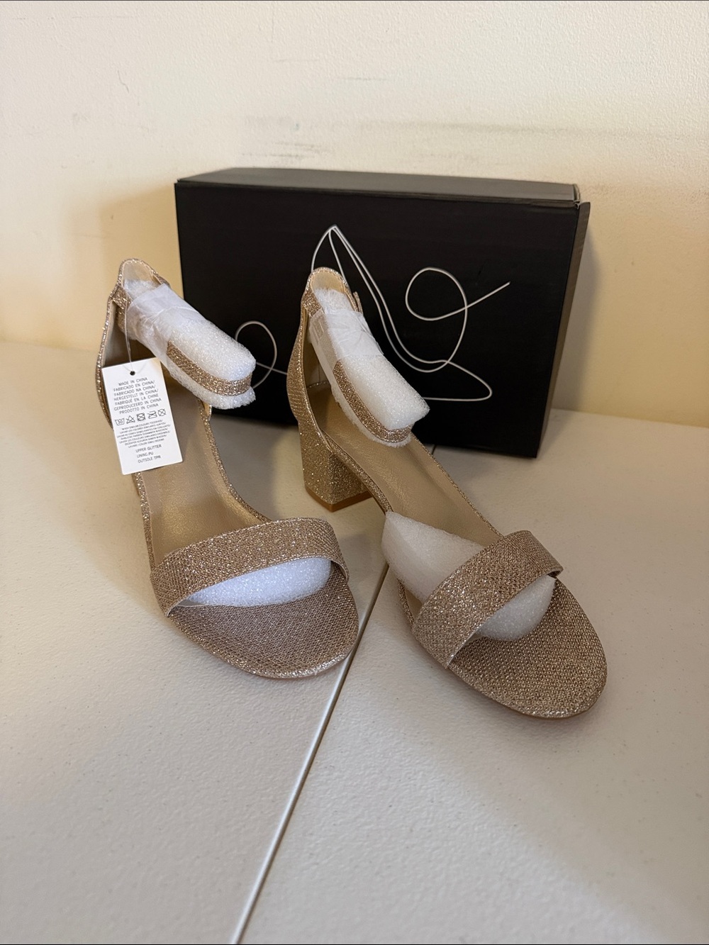 Glitter Ankle-Strap Block Heels in Champagne